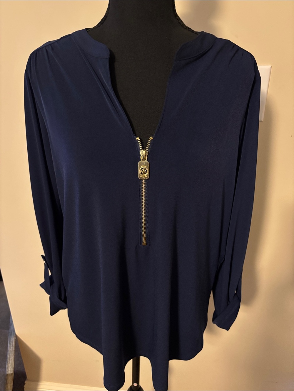 Michael Kors Navy Long-Sleeve Zip Front Blouse